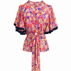 NWT Zara Floral Tie-Waist Blouse in Multicolor Floral Sz XS